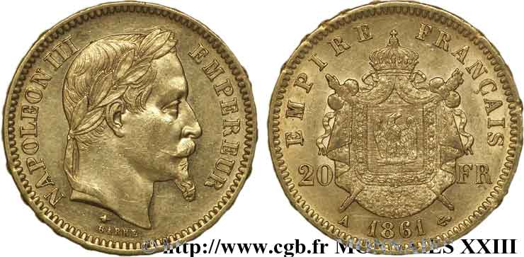 20 francs or Napoléon III, tête laurée 1861 Paris F.532/1 VZ 