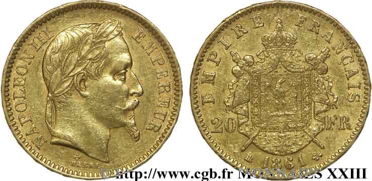 20 francs or Napoléon III tête laurée 1861 Strasbourg F.532/2 BB 