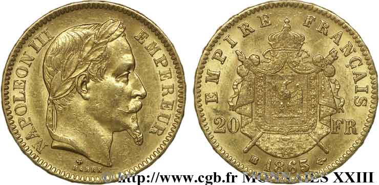 20 francs or Napoléon III, tête laurée 1865 Strasbourg F.532/12 TTB 