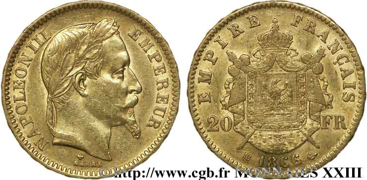 20 francs or Napoléon III, tête laurée, frappe tréflée 1866 Strasbourg F.532/14 TTB 