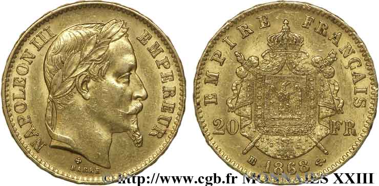 20 francs or Napoléon III, tête laurée 1868 Strasbourg F.532/19 MBC 