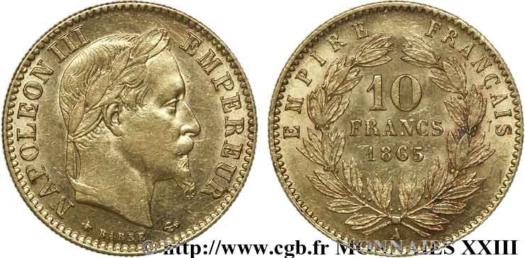 10 francs or Napoléon III, tête laurée 1865 Paris F.507A/9 XF 