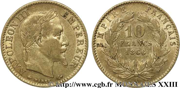 10 francs or Napoléon III, tête laurée 1866 Paris F.507A/12 TB 