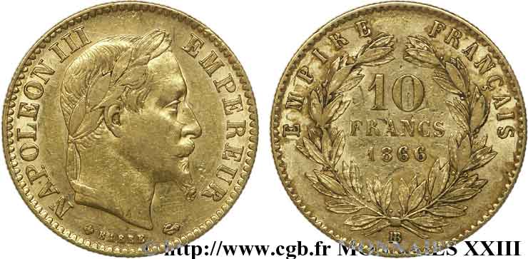 10 francs or Napoléon III, tête laurée 1866 Strasbourg F.507A/13 TTB 