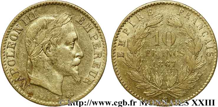 10 francs or Napoléon III, tête laurée 1867 Strasbourg F.507A/16 SS 