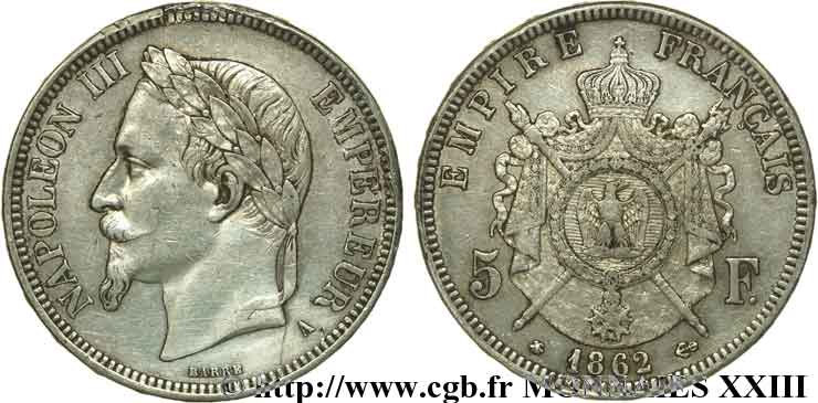 5 francs Napoléon III tête laurée 1862 Paris F.331/3 MBC 