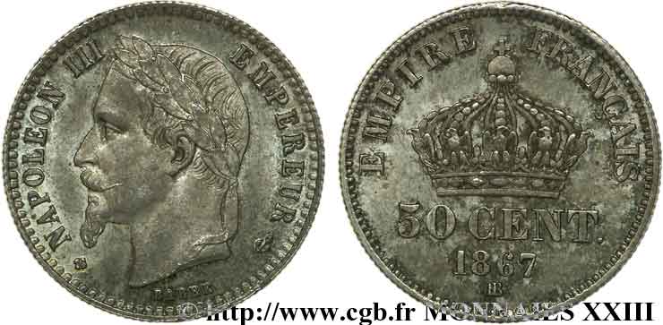 50 centimes Napoléon III, tête laurée 1867 Strasbourg F.188/15 EBC 