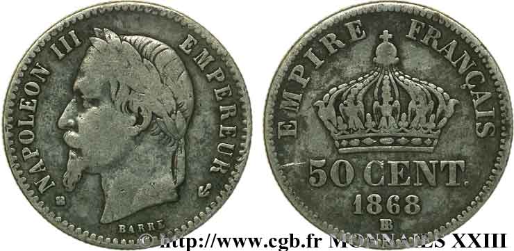 50 centimes Napoléon III, tête laurée 1868 Strasbourg F.188/21 BC 
