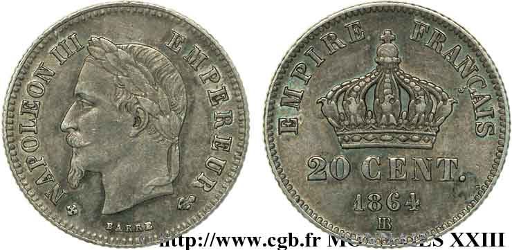 20 centimes Napoléon III tête laurée, petit module 1864 Strasbourg F.149/2 MBC 