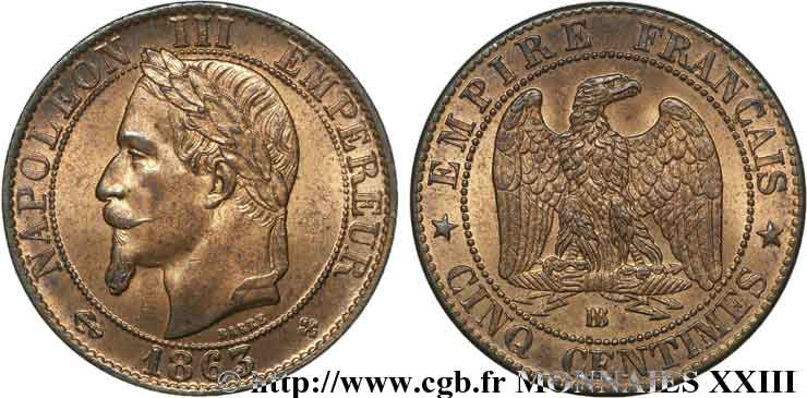 Cinq centimes Napoléon III tête laurée  1863 Strasbourg F.117/11 SPL 