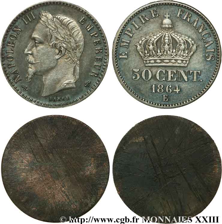 Essais unifaces d’avers et de revers de 50 centimes Napoléon III 1864 Paris VG.3661  SPL 