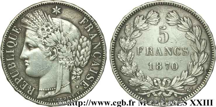 5 francs Cérès sans légende 1870  Paris F.332/1 XF 