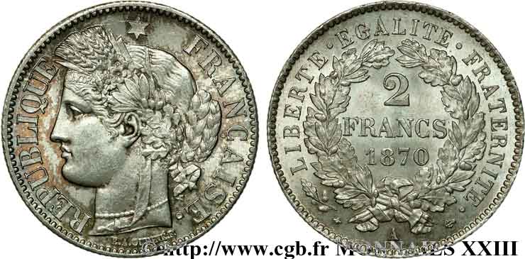 2 francs Cérès, avec légende 1870  Paris F.265/1 SPL 