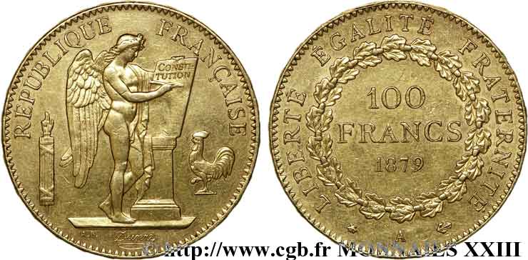 100 francs génie, tranche inscrite en relief Dieu protège la France 1879 Paris F.552/3 SS 