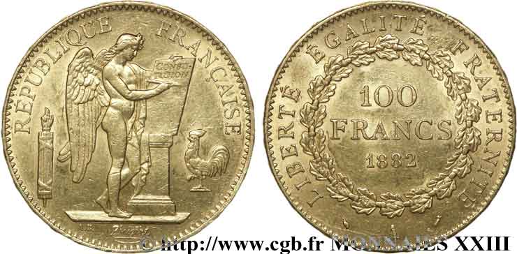 100 francs génie, tranche inscrite en relief Dieu protège la France 1882 Paris F.552/5 TTB 