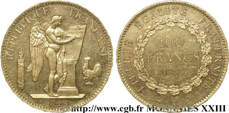 100 francs génie tranche inscrite en relief Dieu protège la France 1894 Paris F.552/10 EBC 