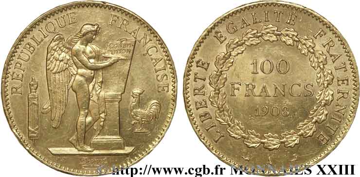 100 francs génie, tranche inscrite en relief liberté égalité fraternité 1908 Paris F.553/2 BB 