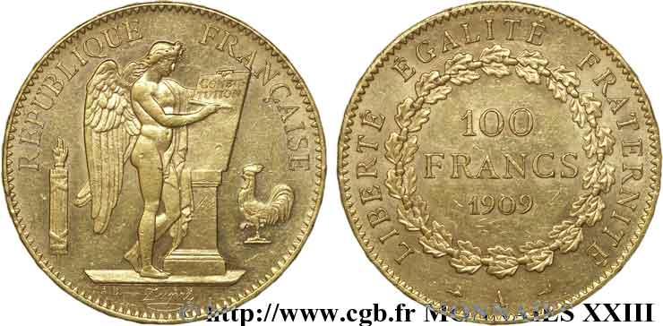 100 francs génie, tranche inscrite en relief Dieu protège la France 1909 Paris F.553/3 SPL 