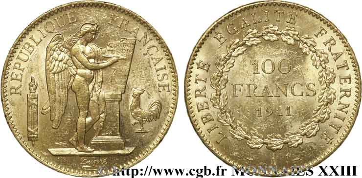 100 francs génie, tranche inscrite en relief liberté égalité fraternité 1911 Paris F.553/5 XF 