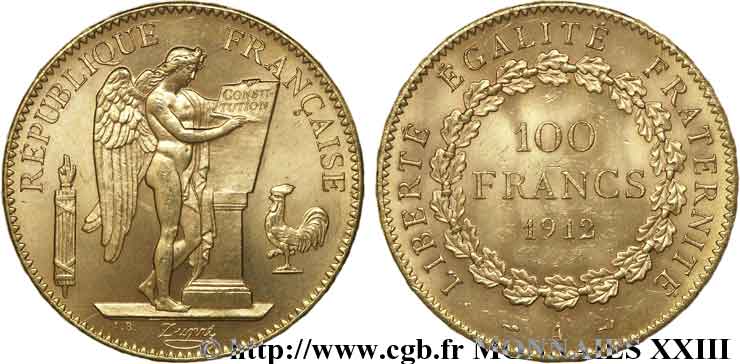 100 francs génie, tranche inscrite en relief liberté égalité fraternité 1912 Paris F.553/6 AU 