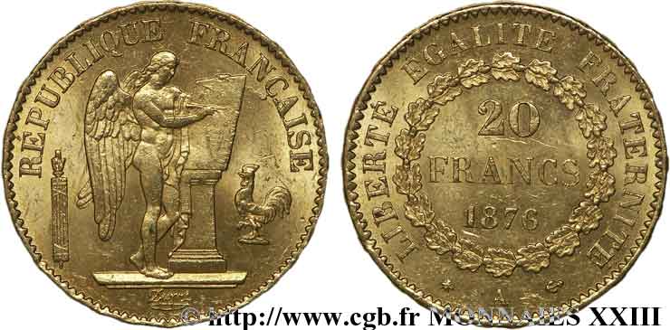 20 francs génie, Troisième république 1876 Paris F.533/4 SUP 