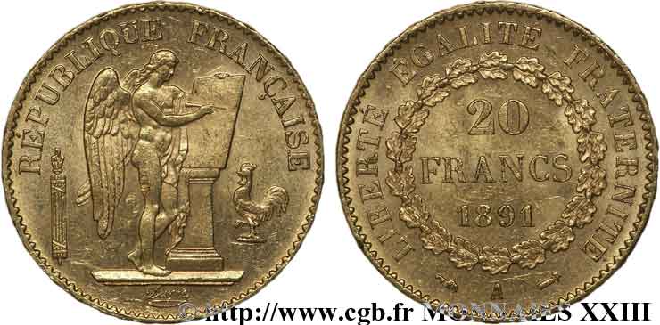 20 francs génie, Troisième république 1891 Paris F.533/15 VZ 