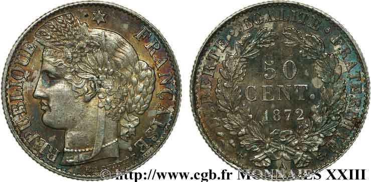 50 centimes Cérès Troisième République 1872 Paris F.189/3 SPL 