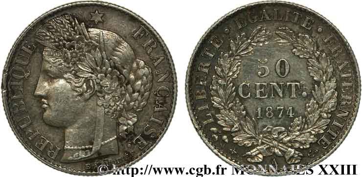 50 centimes Cérès Troisième République 1874 Paris F.189/7 TTB 