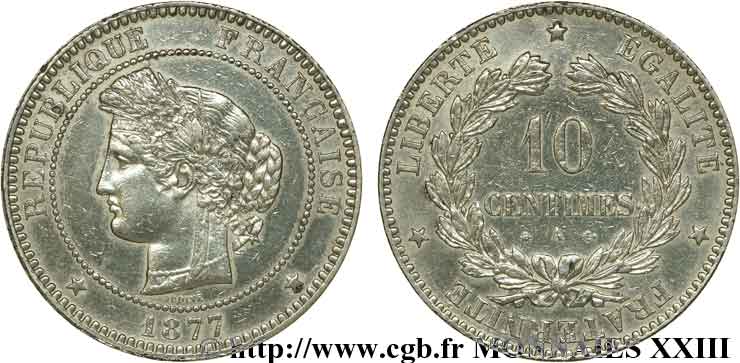 10 centimes Cérès, argenté 1877 Paris F.135/18 XF 