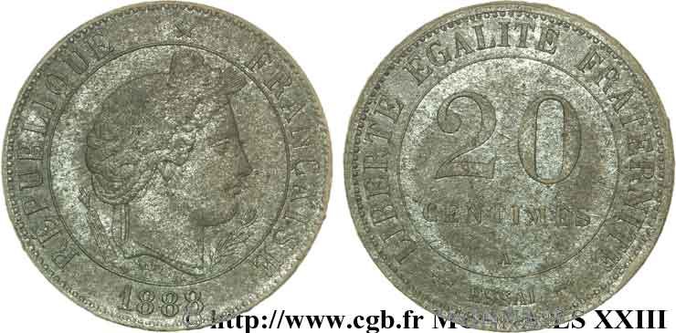 Essai de coins de 20 centimes Merley sur carton 1888  VG.cf. 4081  VF 