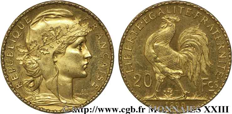 Essai-piéfort de 20 francs Coq, Dieu protège la France 1899 Paris VG.4365  SPL 