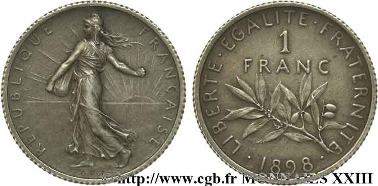 1 franc Semeuse, flan mat 1898 Paris F.217/2 EBC 
