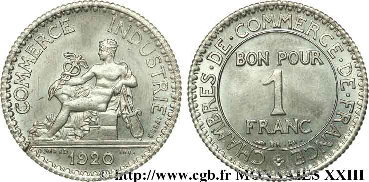 Essai de 1 franc Chambres de Commerce argent 1920 Paris Maz.2583 b MS 
