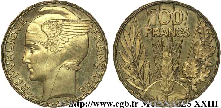 Concours de 100 Francs, essai de Bazor en bronze-aluminium 1929 Paris VG.5216 var. fST 