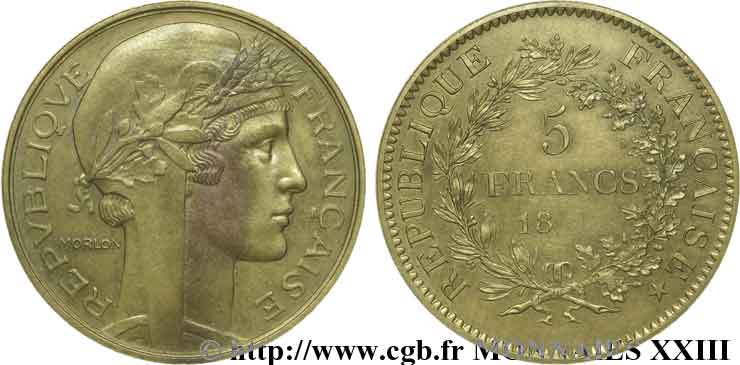 Essai 5 francs pour la frappe des 20 francs Turin par Morlon n.d. Paris VG.5262 (nickel) AU 