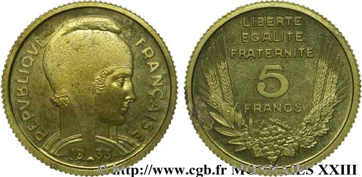 Concours de 5 francs, essai de Bazor en bronze-aluminium 1933 Paris VG.-  AU 