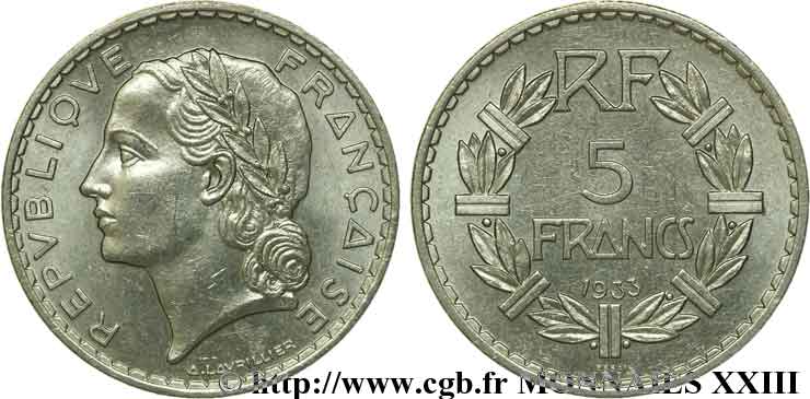 Concours de 5 francs, essai de Lavrillier en nickel, sans différents 1933 Paris Maz.2563 a EBC 
