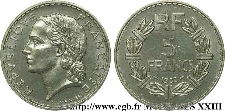 Concours de 5 francs, essai de Lavrillier en nickel 1933 Paris Maz.2563  AU 