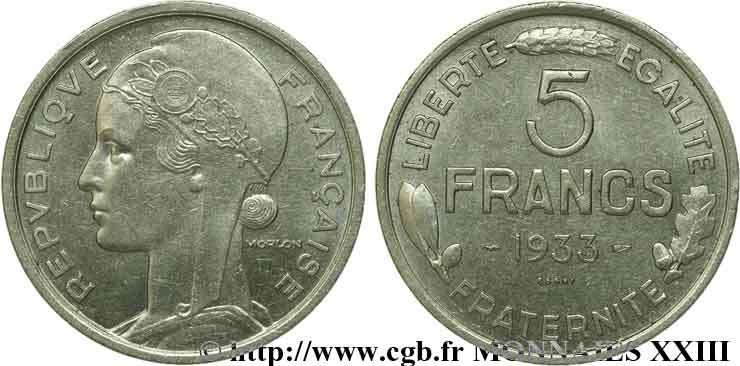 Concours de 5 francs, essai de Morlon en nickel 1933 Paris VG.5359  SUP 