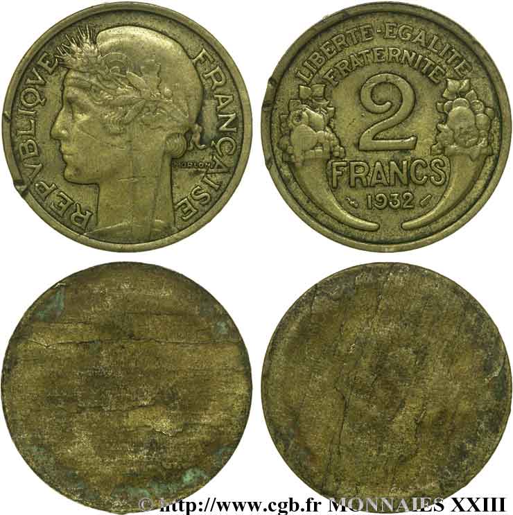 2 francs Morlon, flan paillé ouvert en deux 1932 Paris F.268/3 MB 