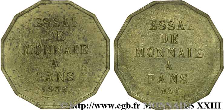 Essai de monnaie à 12 pans 1938  VG.5489  E SUP 