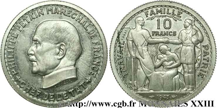 Essai grand module de 10 francs Pétain de Bazor et Vézien 1943 Paris G.809  MS 
