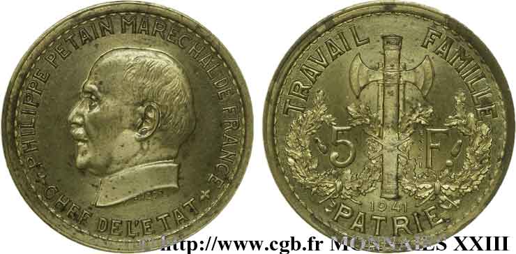 Essai - piéfort de 5 francs Pétain en bronze-aluminium 1941 Paris VG.cf. 5573   MS 
