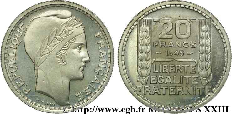 Essai de 20 francs Turin en cupro-nickel 1945 Paris Maz.2745  SPL 