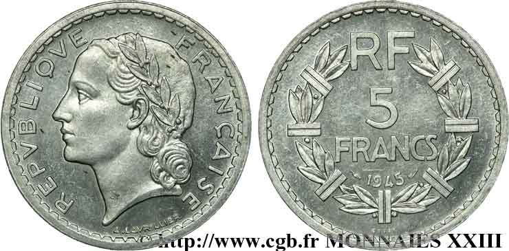Essai de 5 francs Lavrillier, en aluminium 1945 Paris F.339/1 SUP 