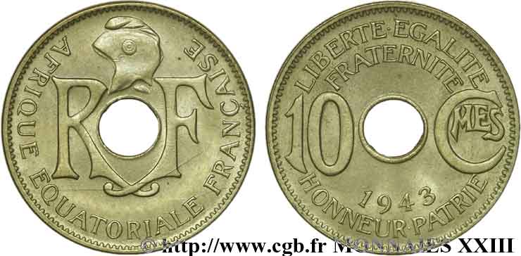 AFRIQUE ÉQUATORIALE FRANÇAISE 10 centimes AEF 1943 Prétoria VZ 