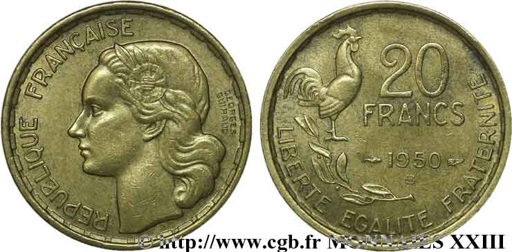 20 francs Georges Guiraud, 4 faucilles 1950 Beaumont-le-Roger F.401/3 TTB 