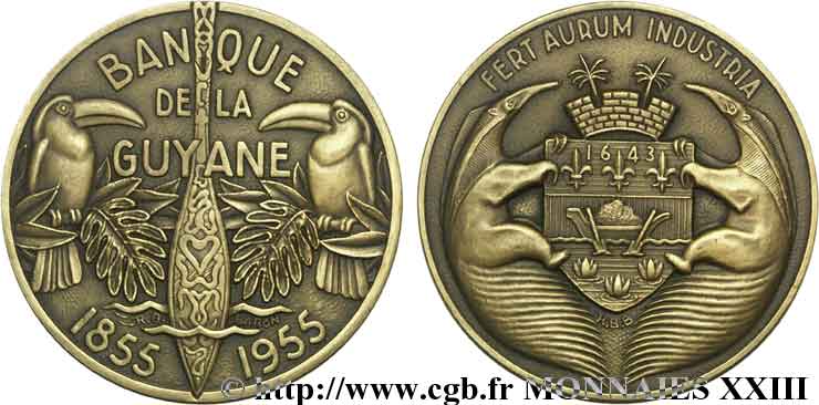 QUATRIÈME RÉPUBLIQUE Médaille Br 59 centenaire de la Banque de la Guyane 1955
 Paris SPL 