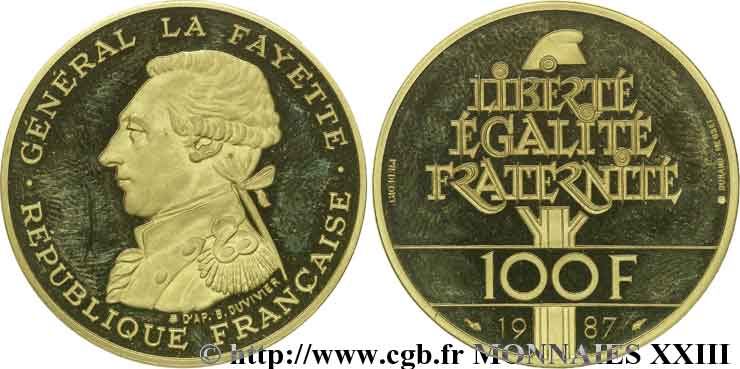 Piéfort de 100 francs en or La Fayette Brillant Universel 1987 Pessac F.455/2P MS 