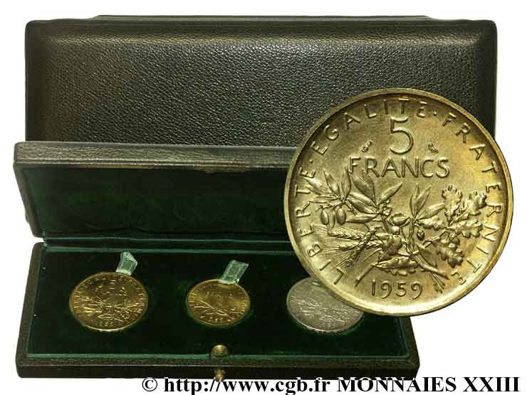 Coffret officiel des essais de 1 franc et 5 francs Semeuse or et 5 francs Semeuse argent 1959 Paris Fk.manque  FDC 